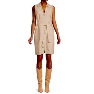 NWT - SHARAGANO Cotton Blend Belted Shirt Dress - beige- Sz 14